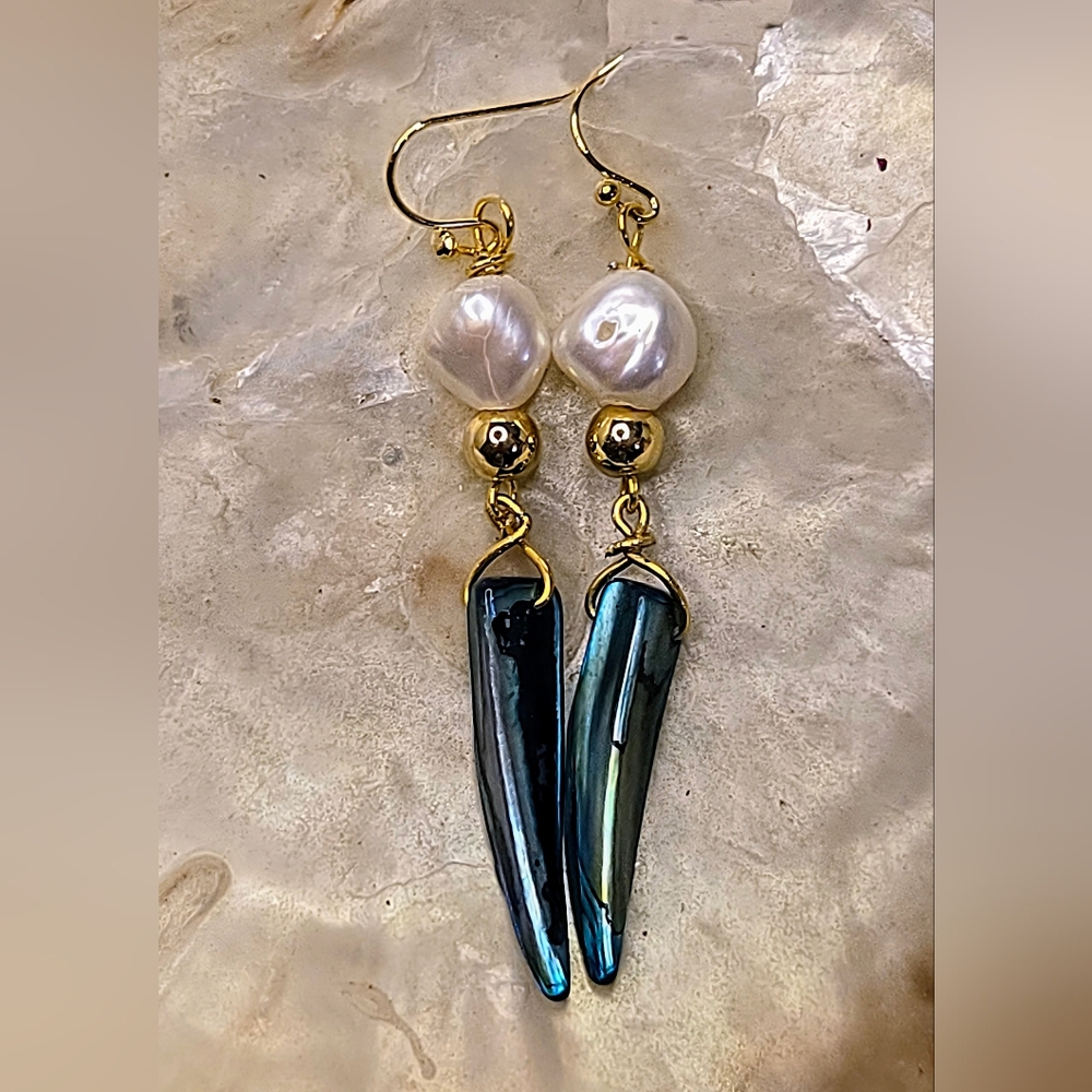 Teal Peacock Mother Of Pearl Fang & Baroque Pearl In Long Gold Plated Earrings